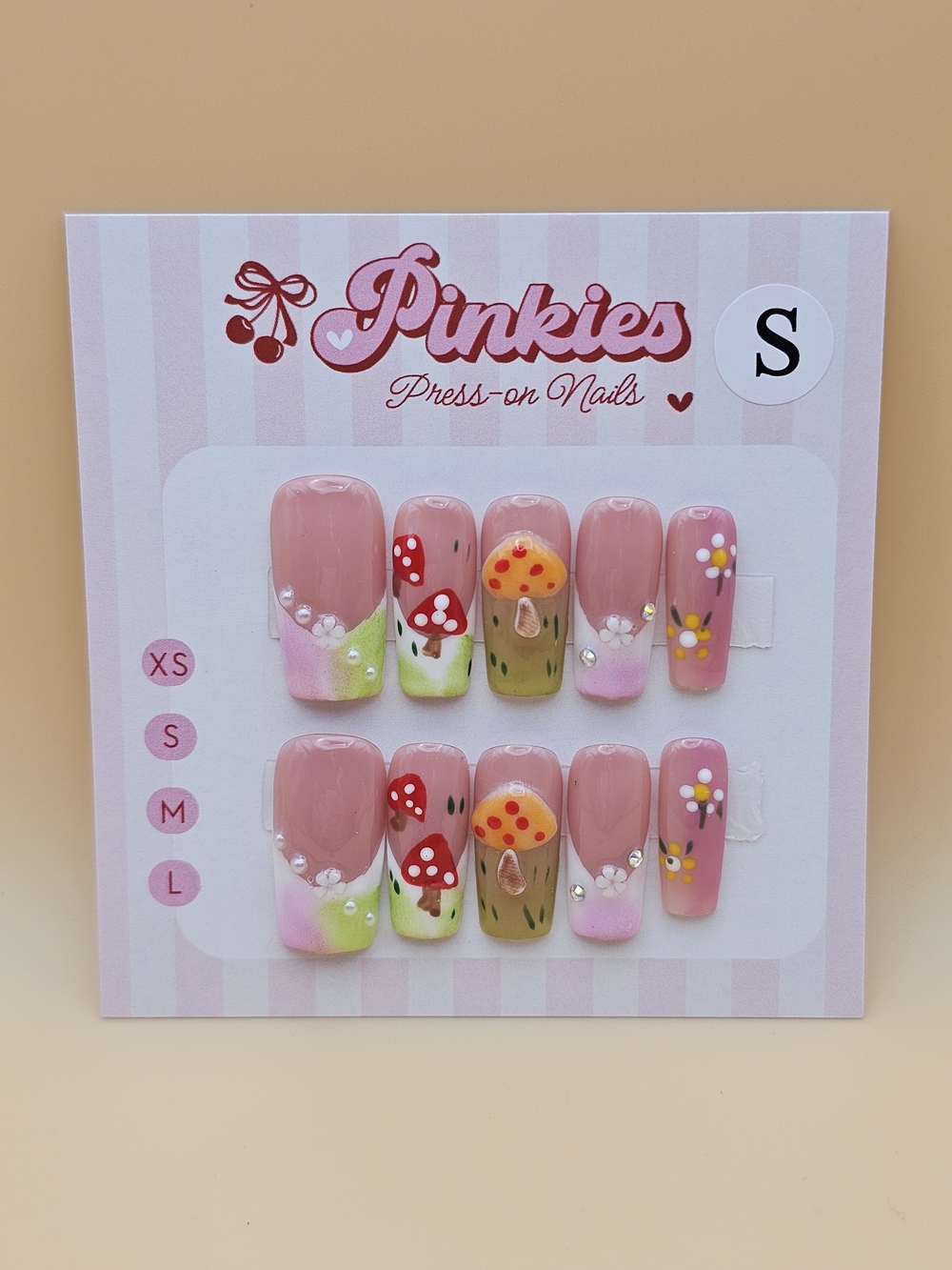 Press-on Nails Set 10pc Size S Square Mushrooms Hippie Floral Green Pink Field